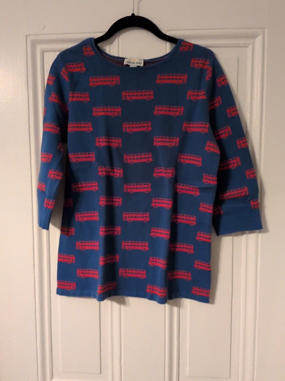 Lemon Way Blue Sweater with Pink Bus Motif